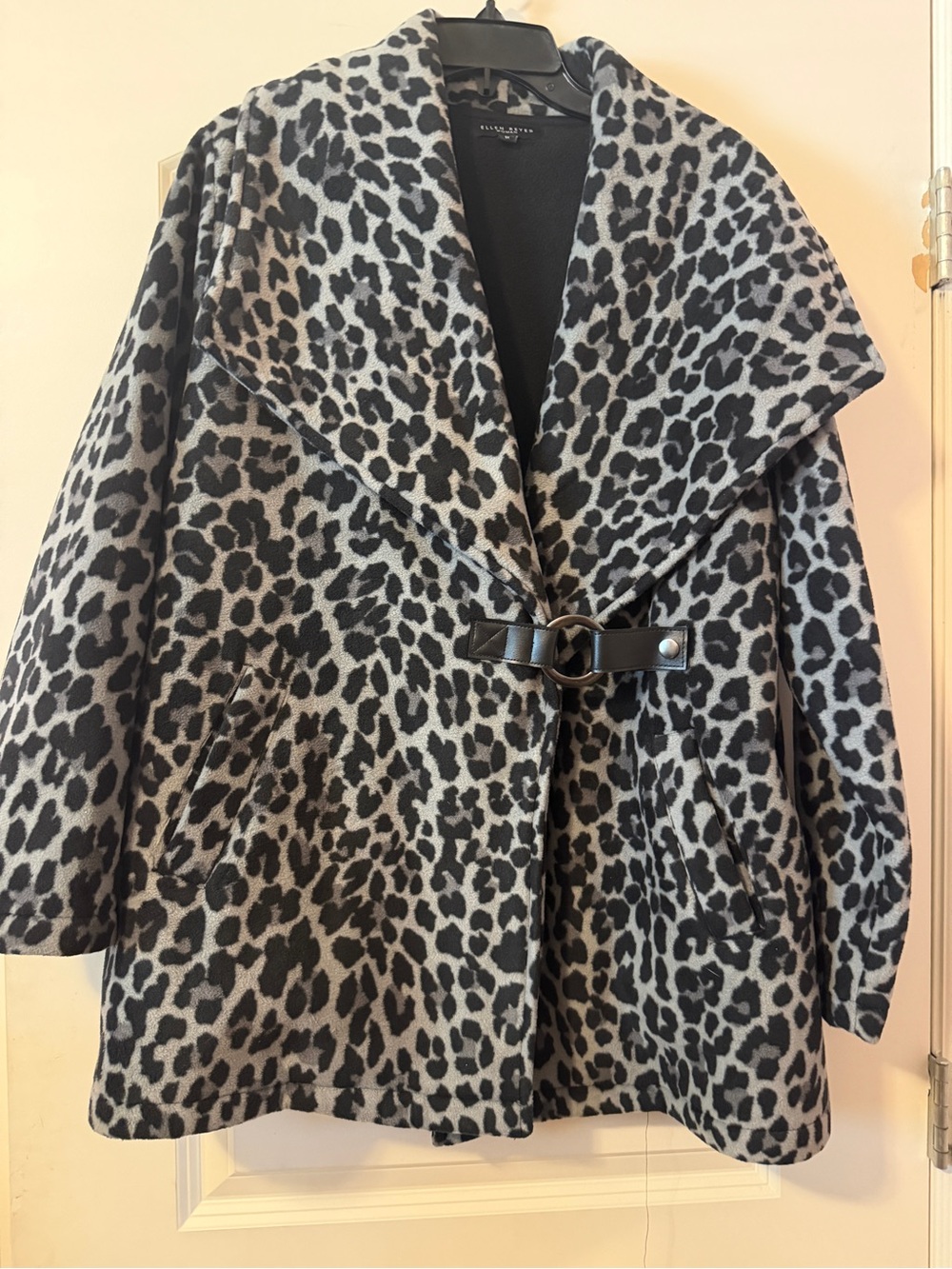 Leopard Print Wide Collar Toggle Pea Coat - Black & Gray